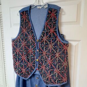 Victoria Jones Vtg 2 Pc Vest Skirt Set Sz‎ 1X~2X Teacher Denim Starburst Weave